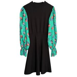 MSGM Sweater Dress S Floral Rose Balloon Sleeve Wool Black Quiet Luxury Glam